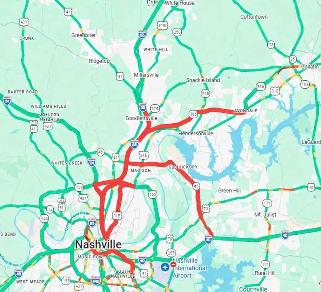 Traffic map showing I-65 congestion into downtown Nashville from Hendersonville.